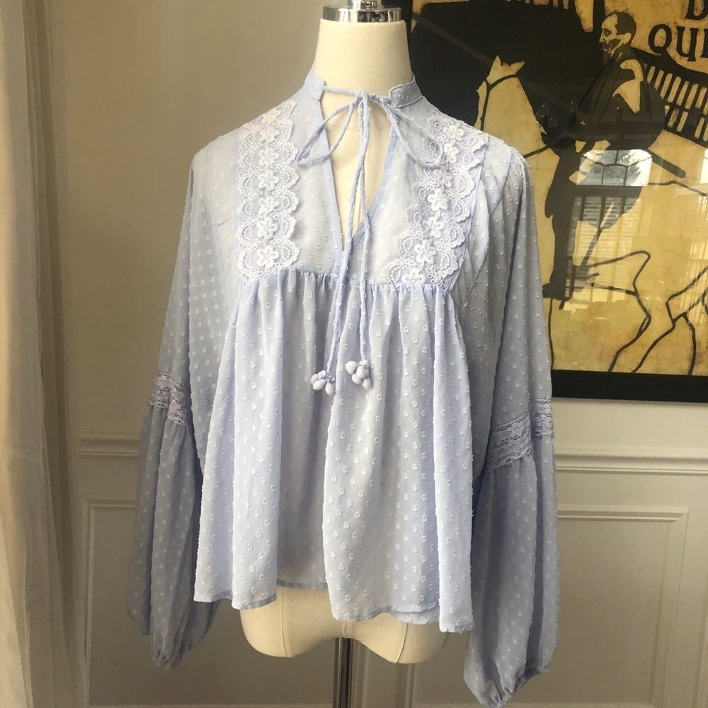 Bishop + Young Swiss Dot Boho Peasant Top NWT S